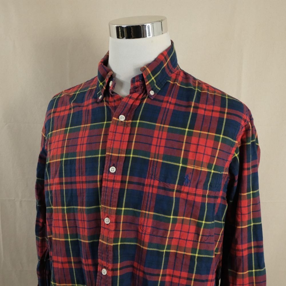 Polo Ralph Lauren XL Oxford Button Down Shirt Red Tartan Plaid 100% Cotton Mens